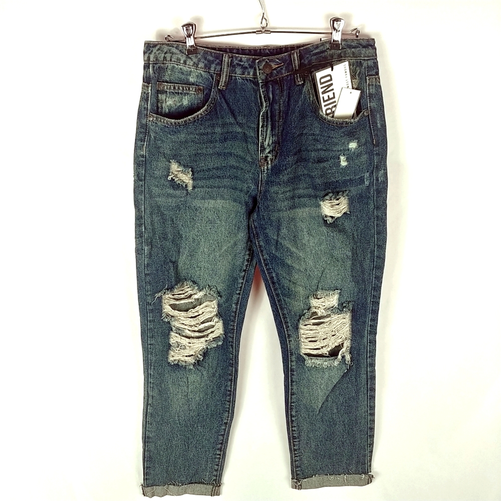Almost Famous Boyfriend Jean Women 7 Distressed Med Blue Raw Hem Cuff